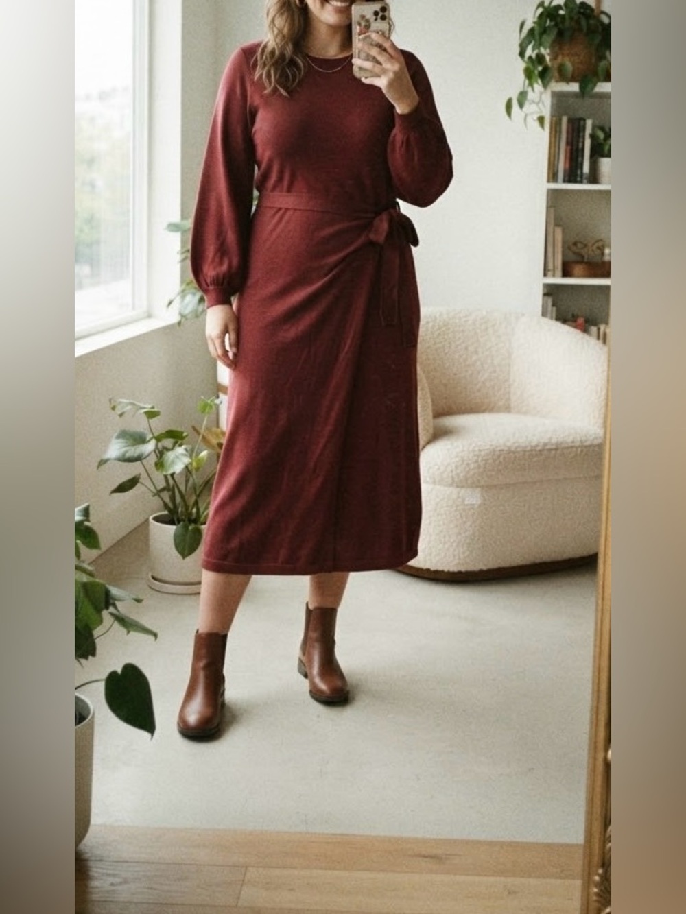 Taylor Burgundy Red Knit Faux Wrap Long Sleeve Midi Dress Tie Waist Sz 1X